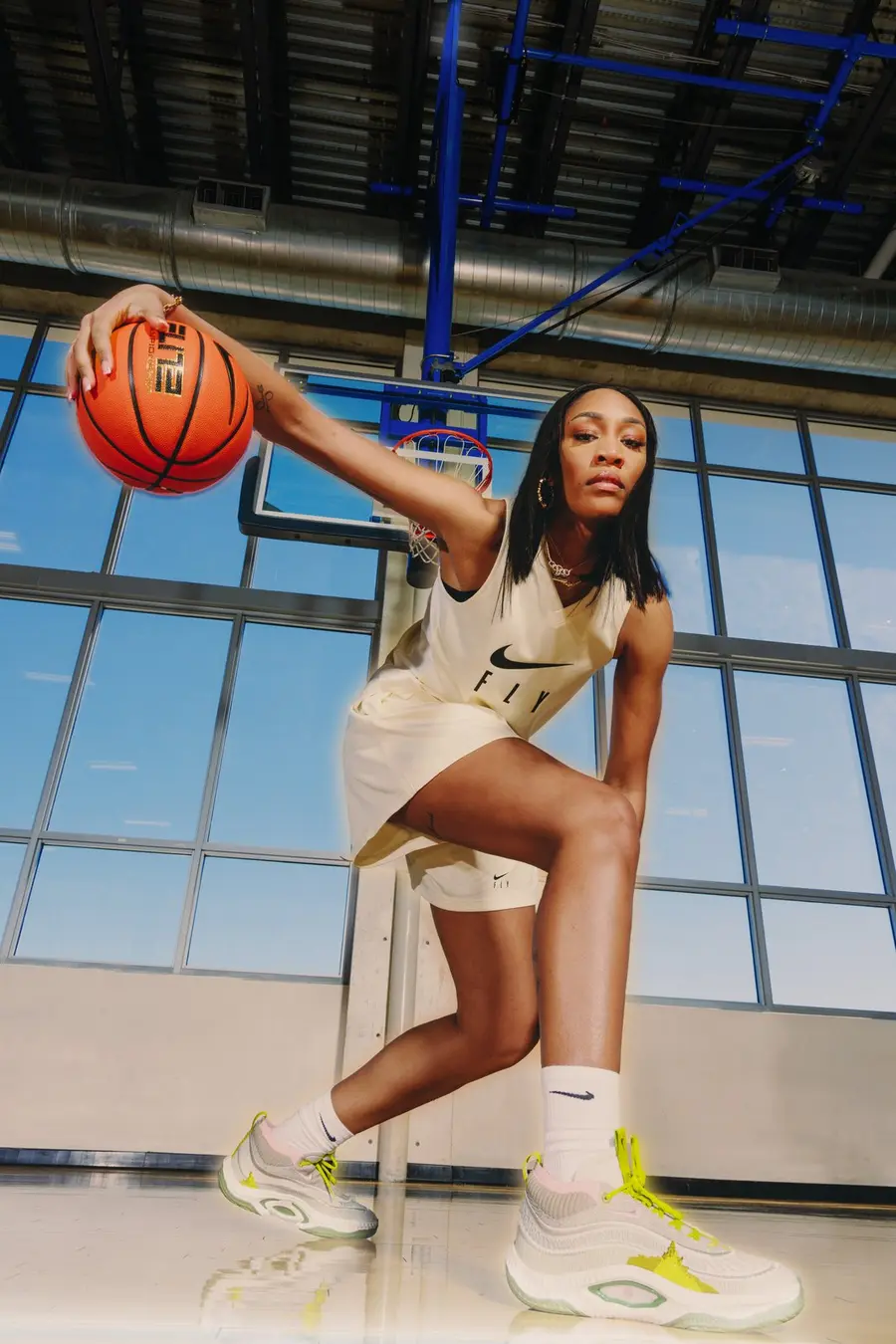 A’ja Wilson with a basketball on court for Nike Cosmic Unity 3