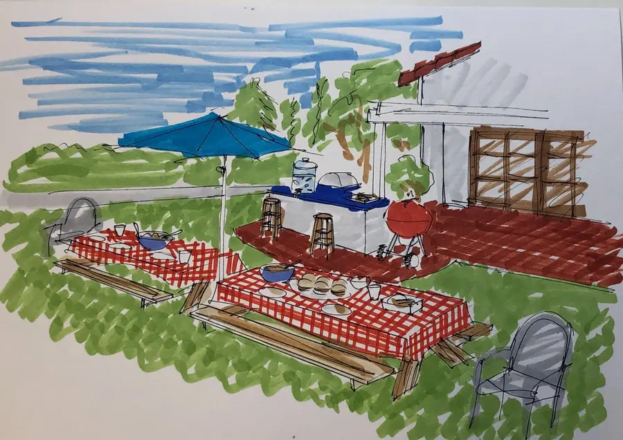 Marker illustration of a backyard picnic for Nike Americana