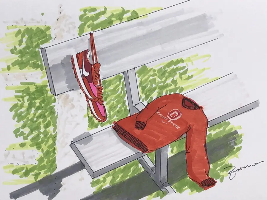 Illustrated Ohio State Nike sweater and sneaker on a bench