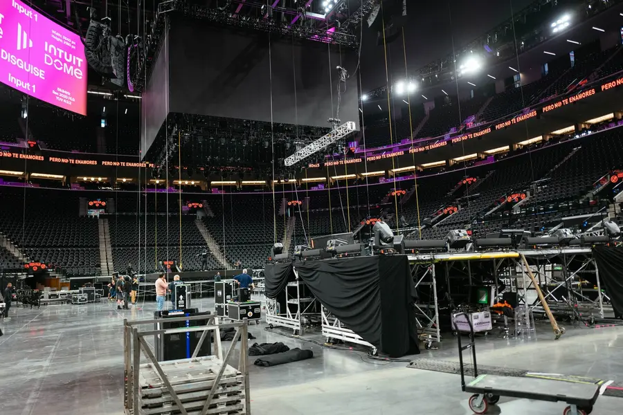 Intuit Dome load-in, Disguise screen and pyro cases on the floor