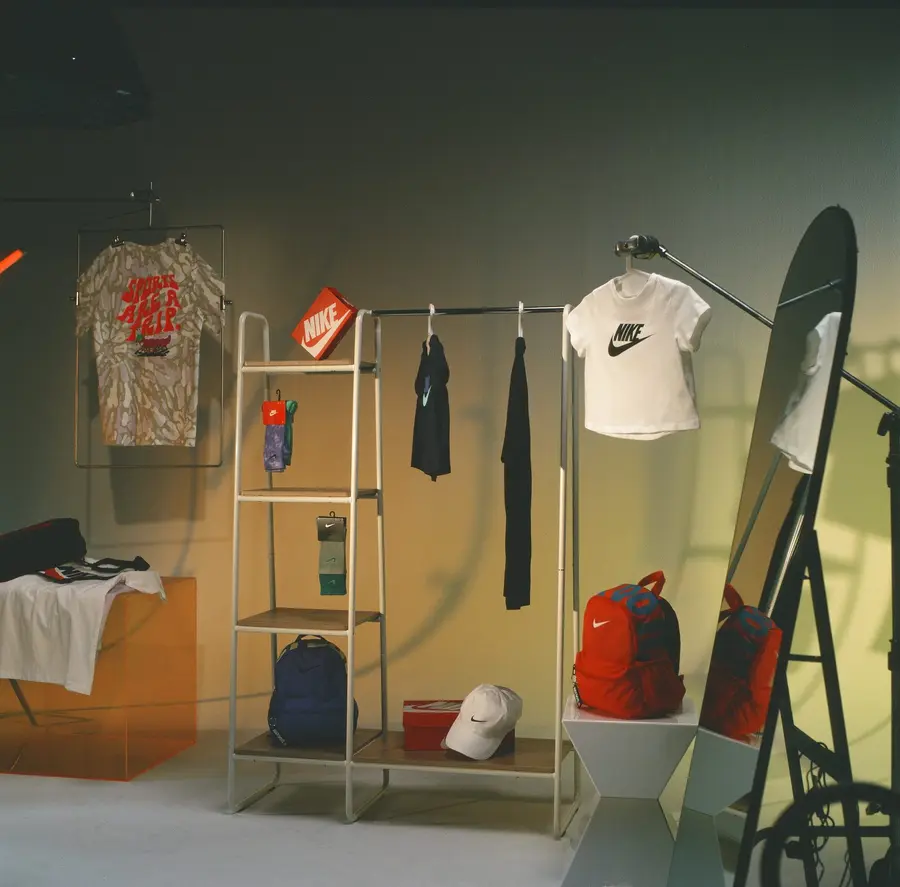 Nike product laid out in studio with gels and stands
